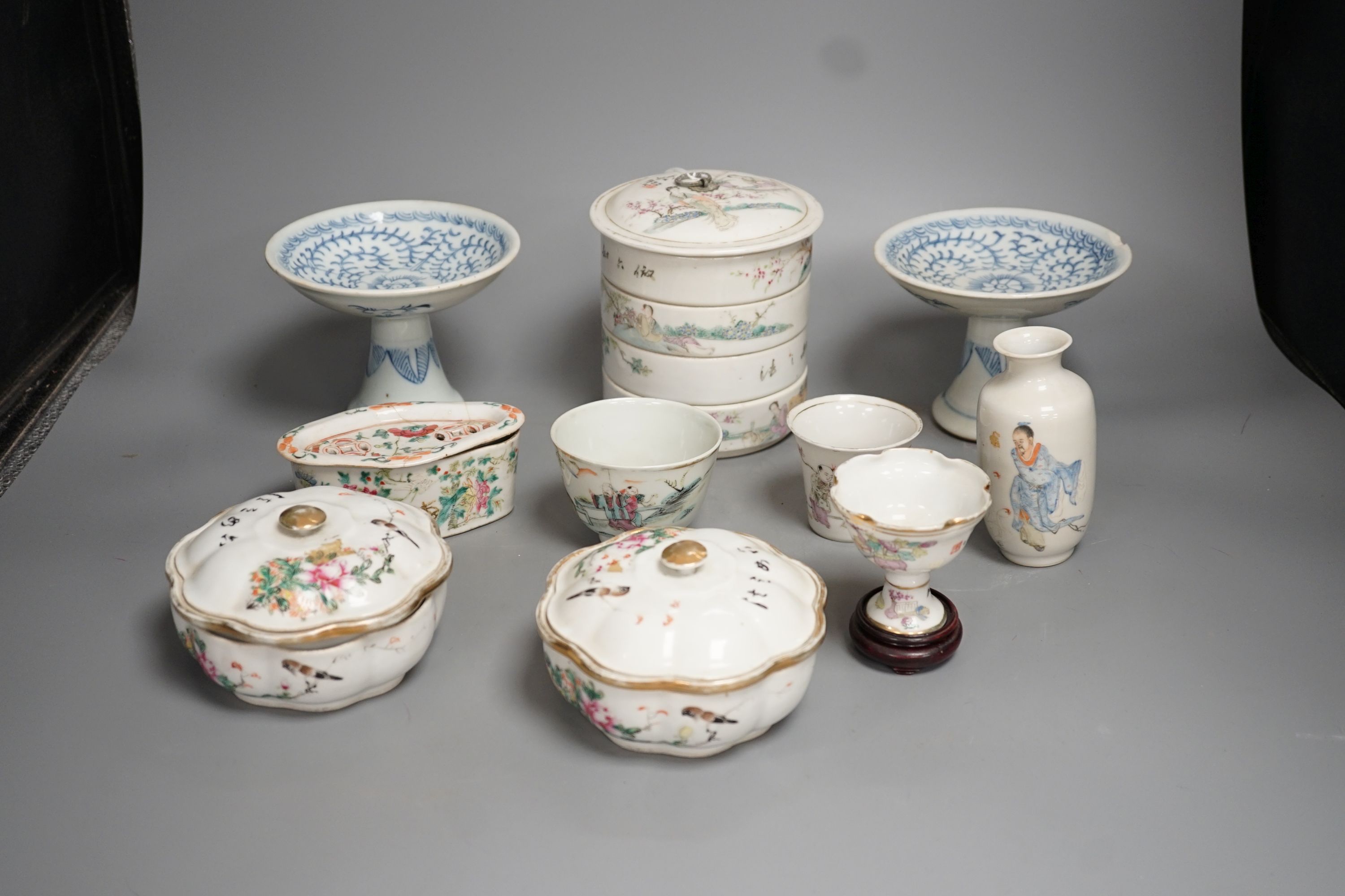 A mixed group of 19th/early 20th century Chinese porcelain vessels, stem dishes etc.